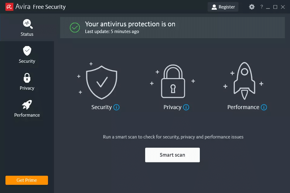 Avira antivirus app main screen