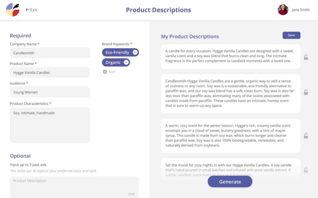 Copysmith dashboard for content creation