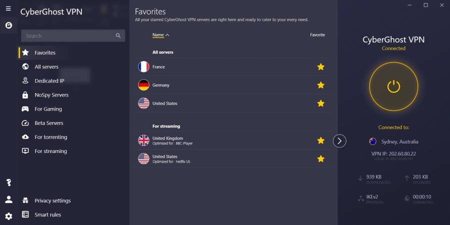 CyberGhostVPN's interface