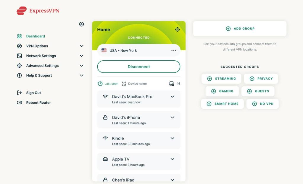 ExpressVPN Router dashboard showing device groups