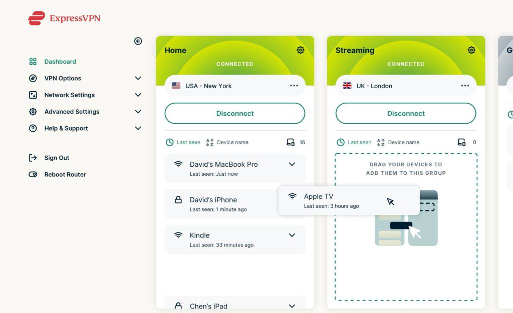 ExpressVPN Router Dashboard showing device groups