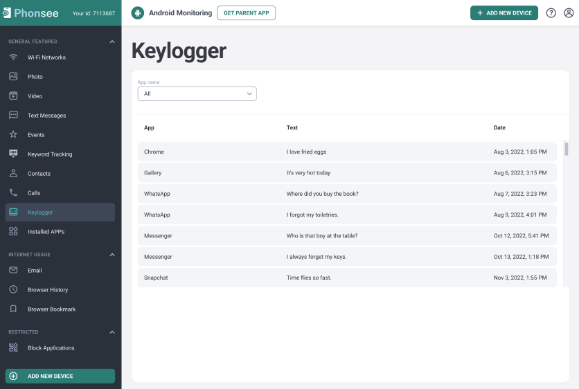 Screenshot of Phonsee keylogger feature