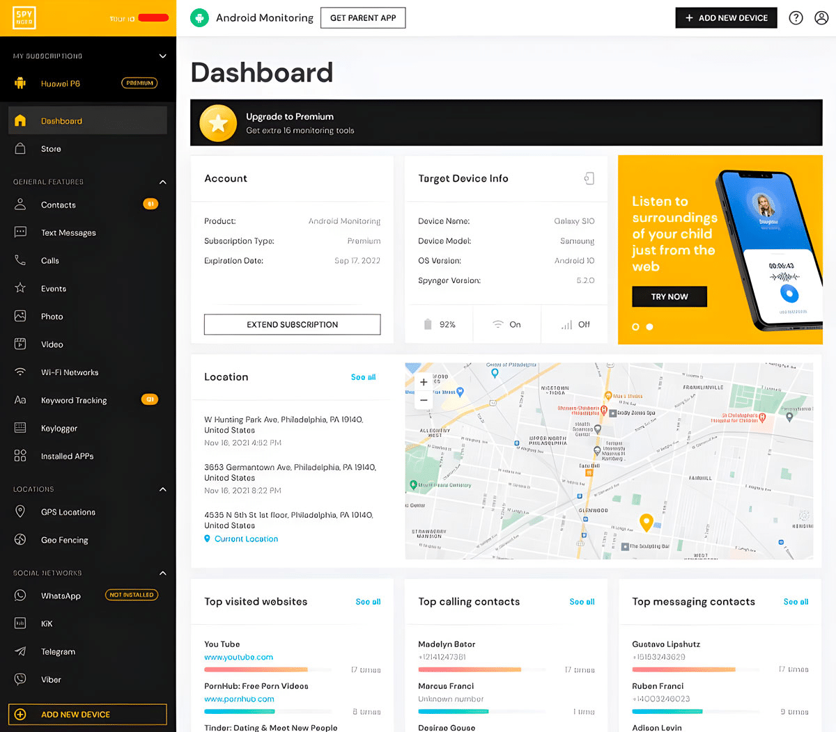 Spynger’s Comprehensive Dashboard Interface