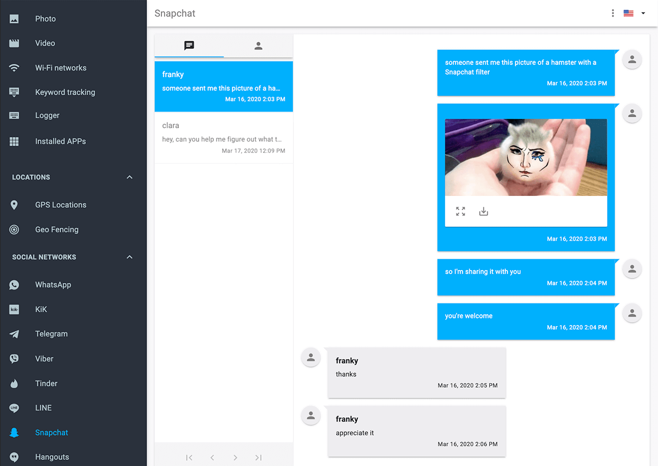 mSpy’s monitoring interface for your child’s online conversations on social networks like Snapchat