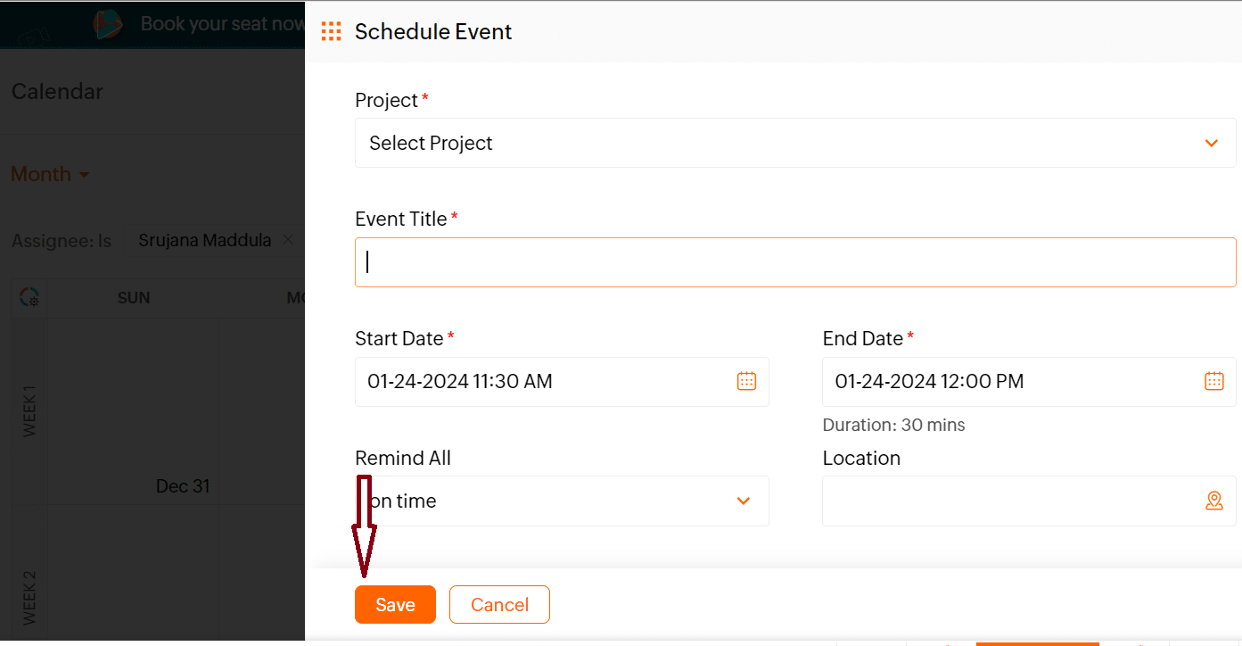 Zoho Projects schedule event