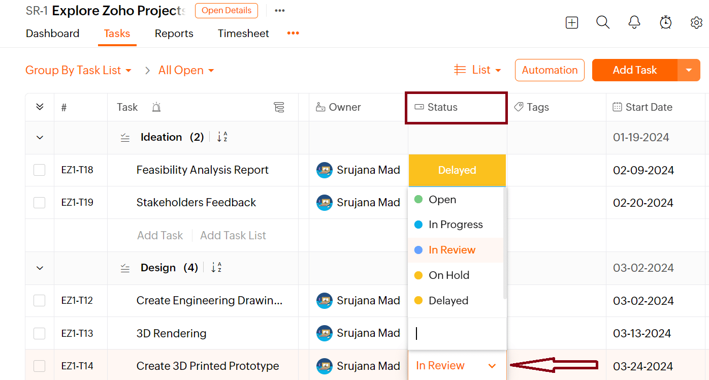 Zoho Projects select status for task