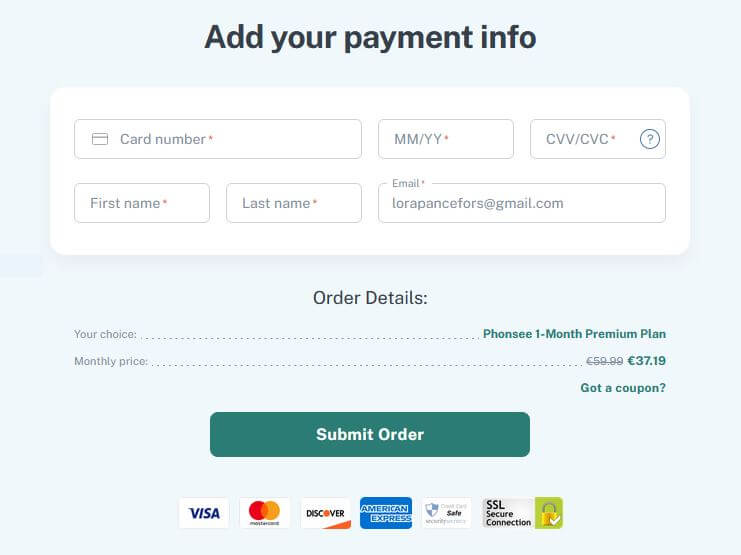 Screenshot of Phonsee secure checkout