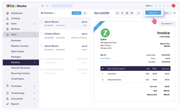 Zoho Books accounting software interface