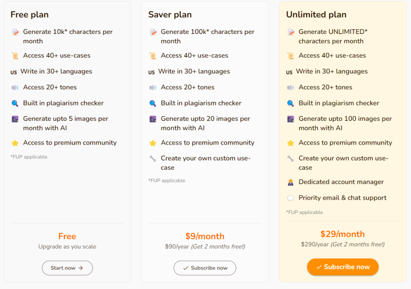 Subscription plans available for Rytr