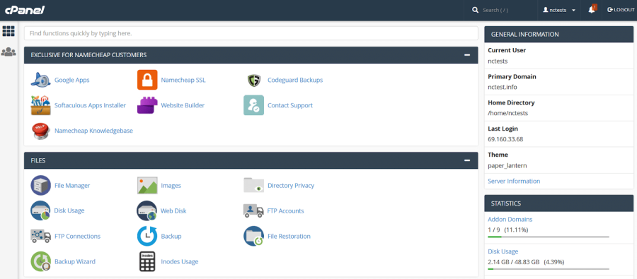 NameCheap’s cPanel view