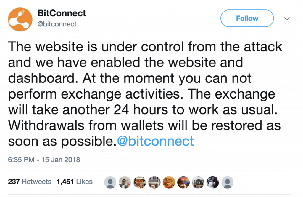 BitConnect announces its temporary shutdown in 2018