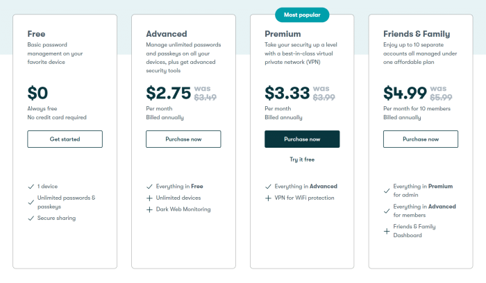 Personal plans’ pricing options on Dashlane