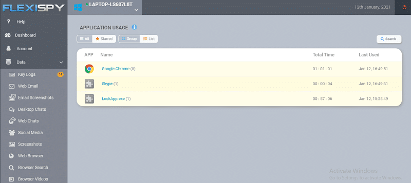 A view of FlexiSPY’s app usage tracker