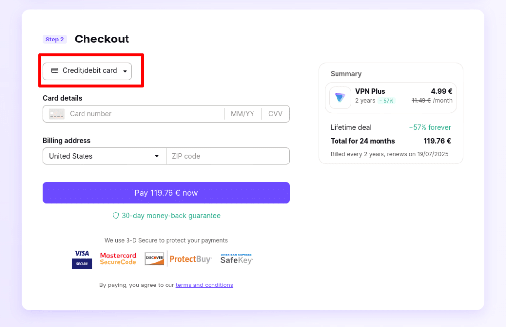 Proton VPN checkout process