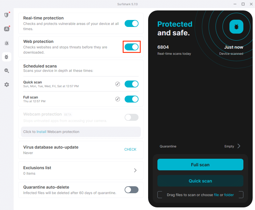 The user interface of Surfshark