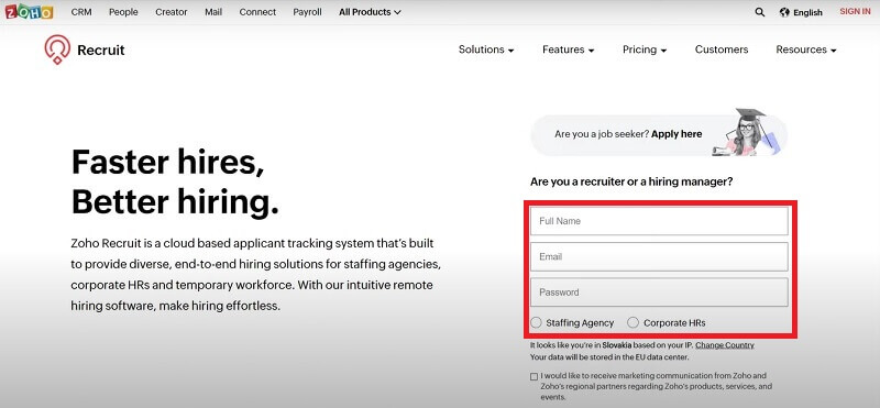Sign up to Zoho Recruit 