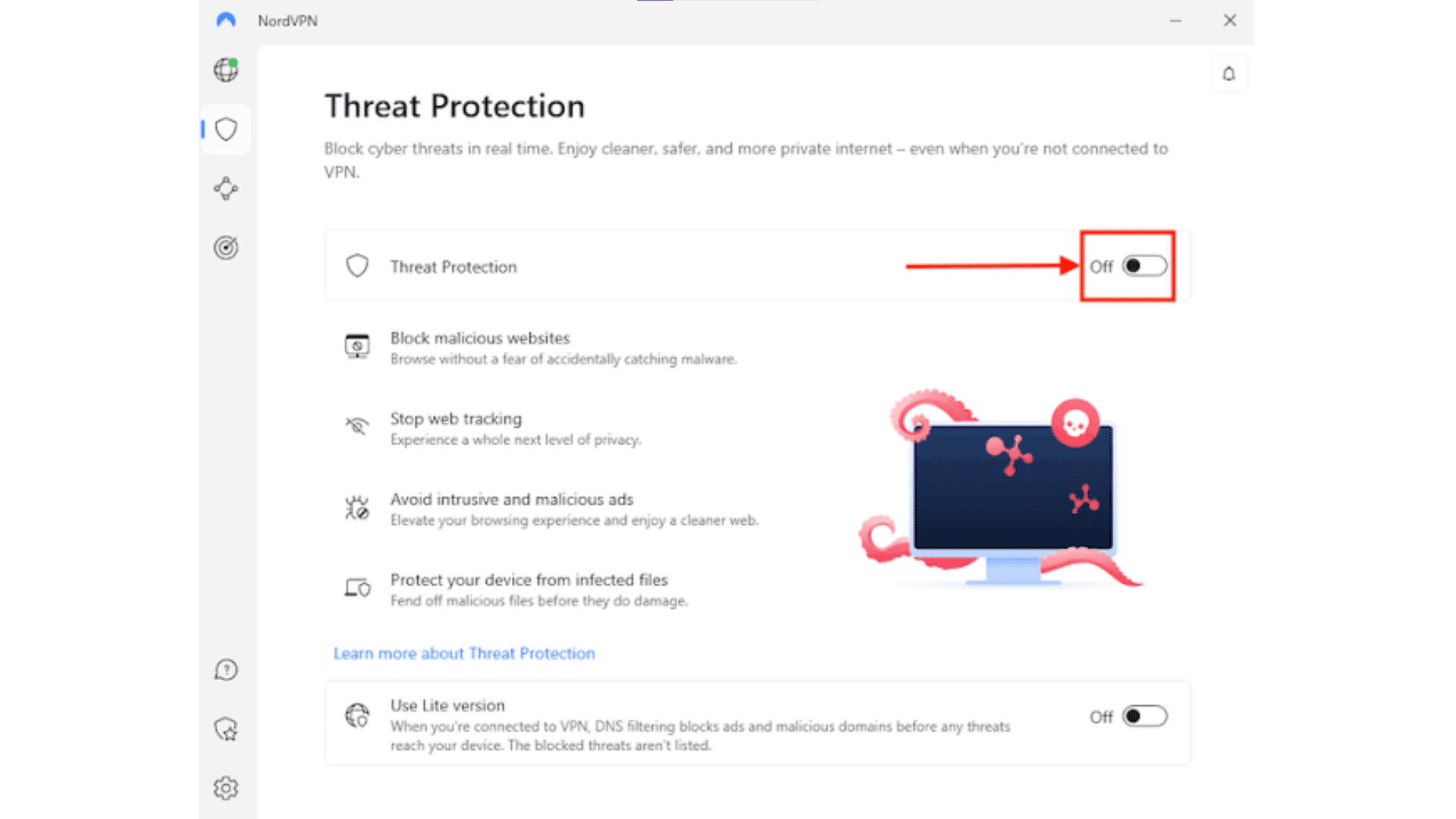 The user interface of NordVPN Threat Protection