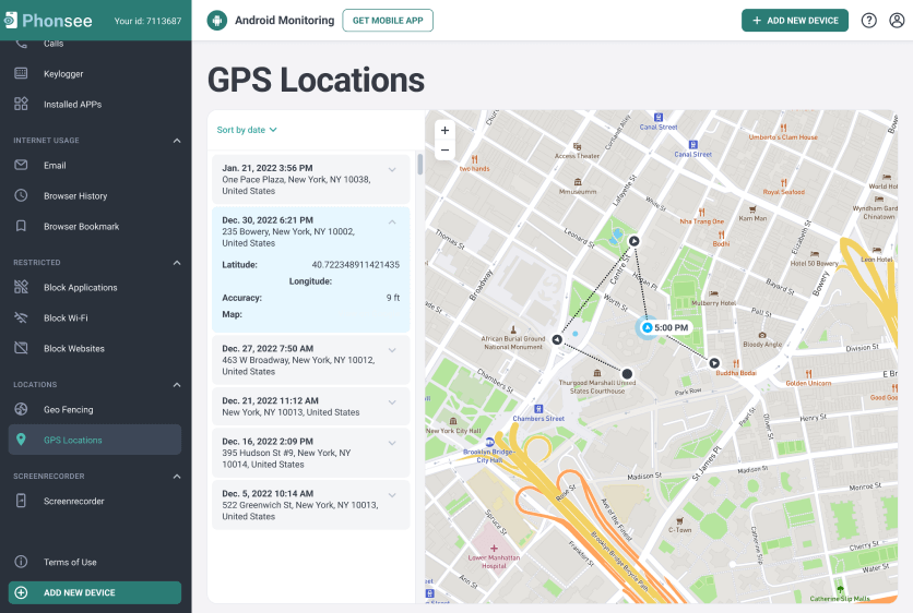 Screenshot of Phonsee GPS locations dashboard