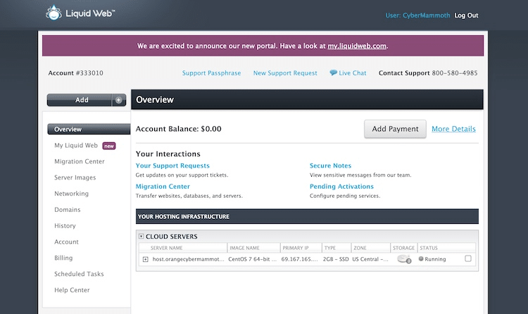 An overview of Liquid Web’s dashboard