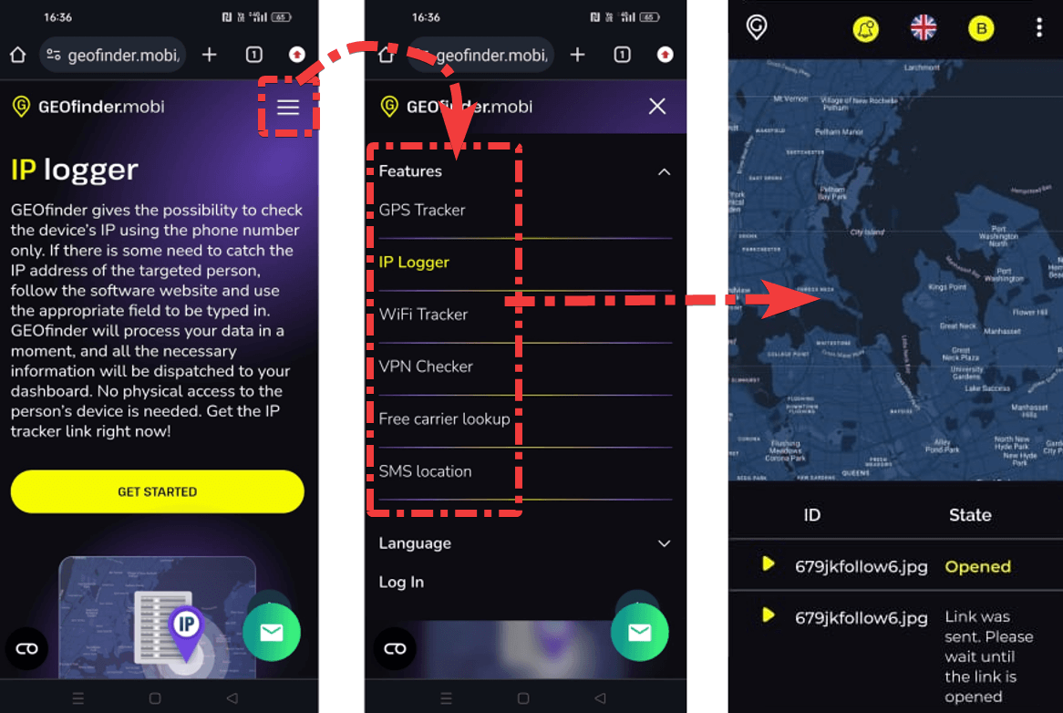 GEOfinder’s mobile feature tab and tracker view