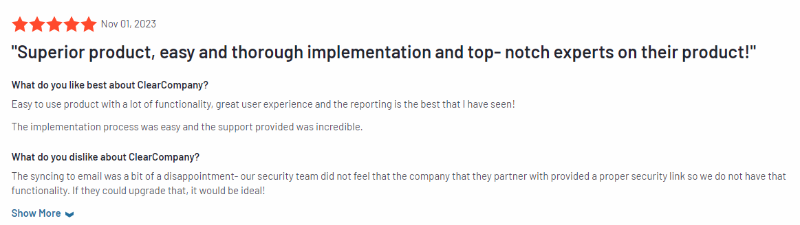 Example of a ClearCompany review on G2