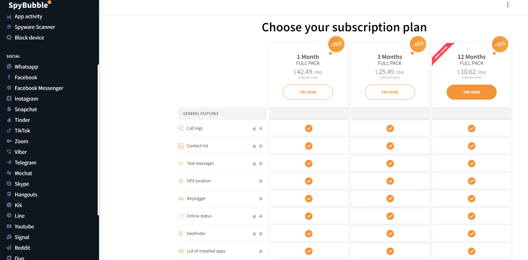 SpyBubble app pricing plans