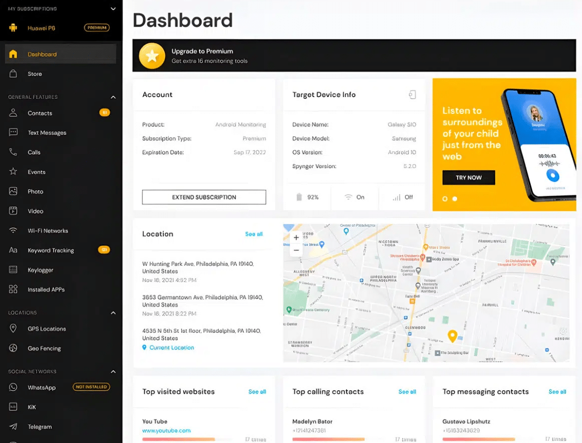 Spynger’s dashboard with GPS and contact history