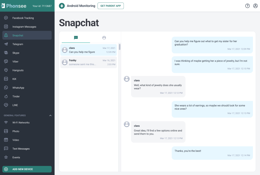 Screenshot of Phonsee Snapchat tracking feature