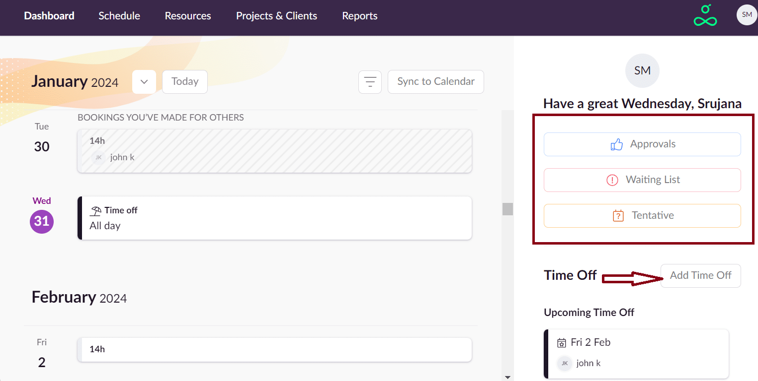 ResourceGuru dashboard time off