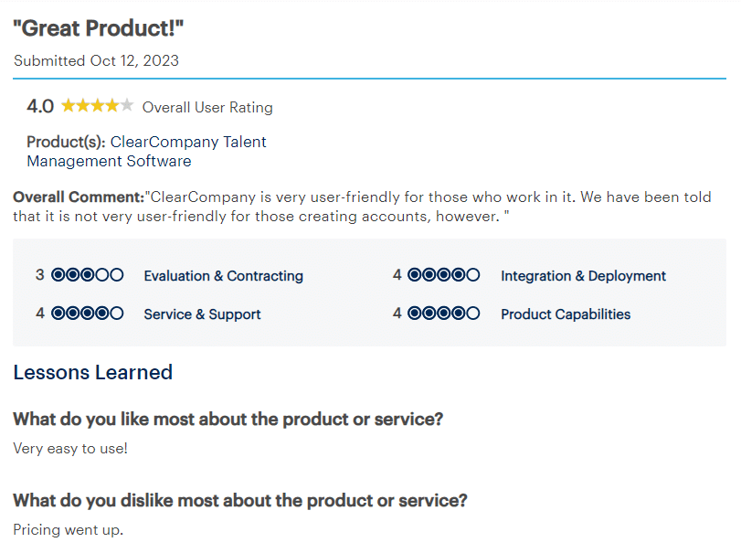 Example of a ClearCompany review on Gartner Peer Insights