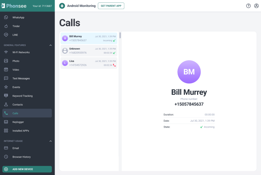 Screenshot of Phonsee call monitoring feature