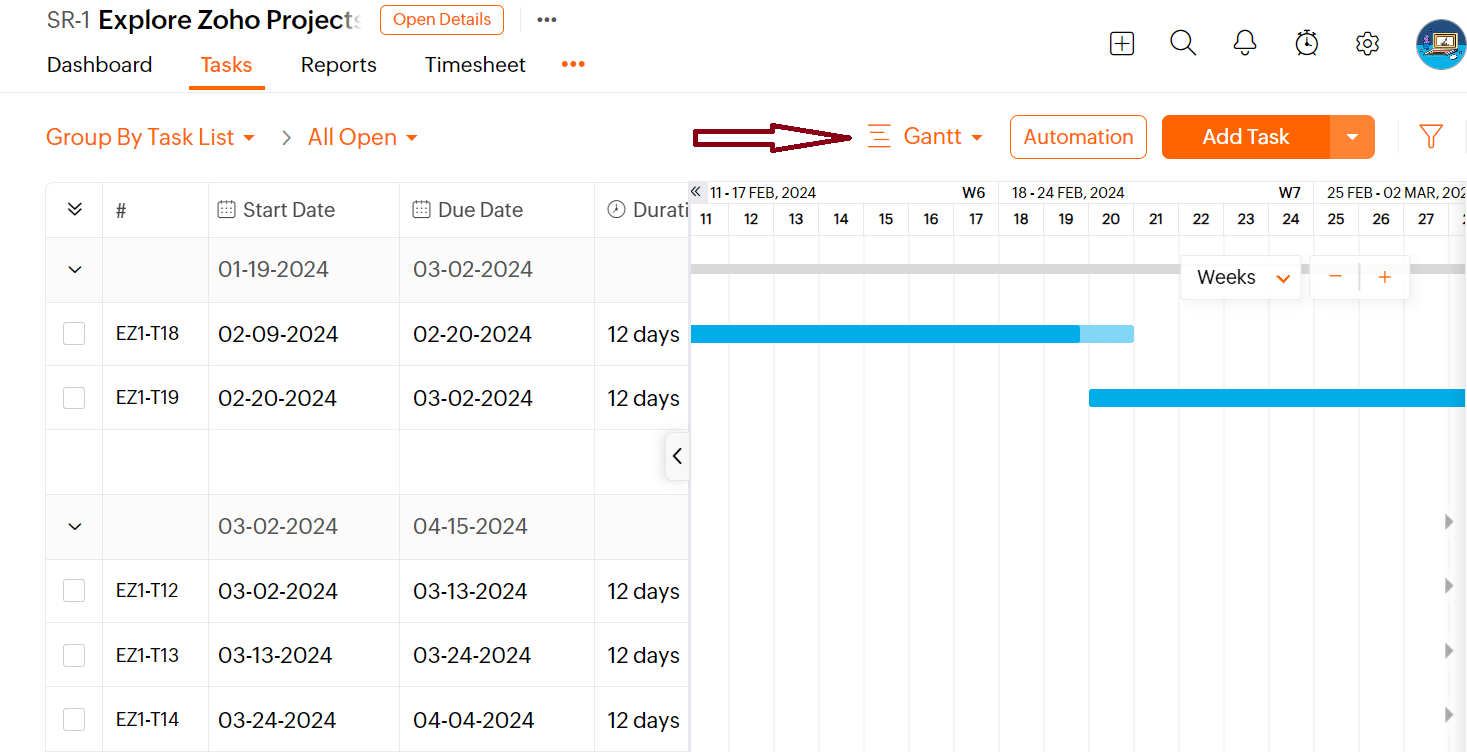 Zoho Projects Gantt view