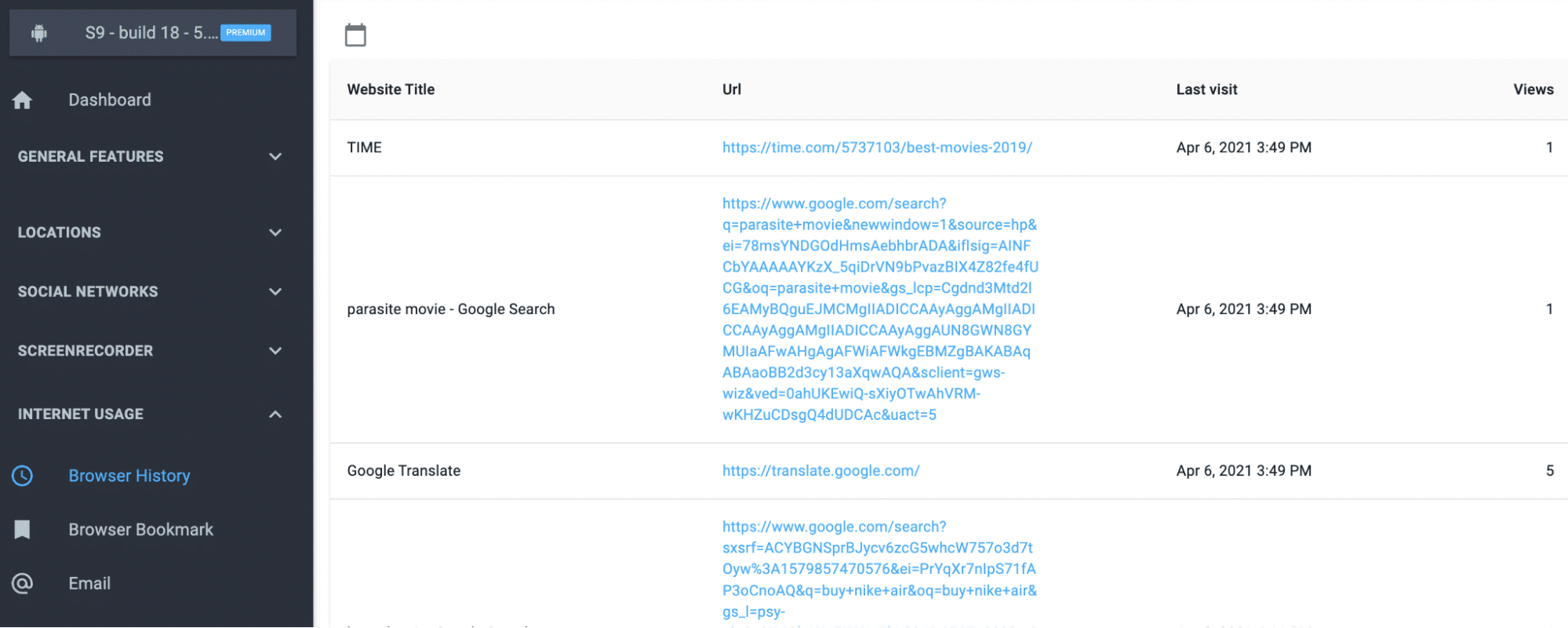 mSpy’s internet monitoring feature