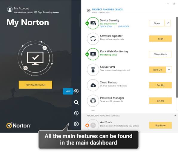 The user interface of Norton Antivirus Plus