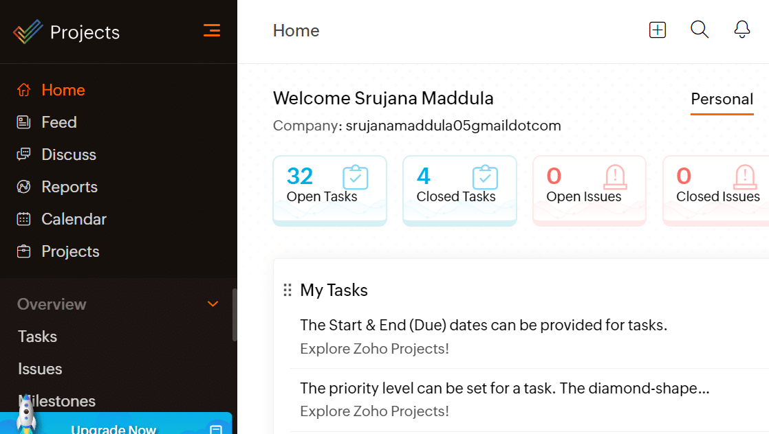 Zoho Projects home screen