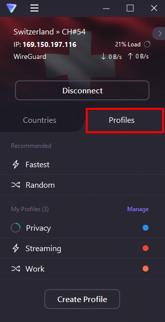 Profile setup on Proton VPN to close the installation