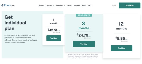 Screenshot of Phonsee pricing plans