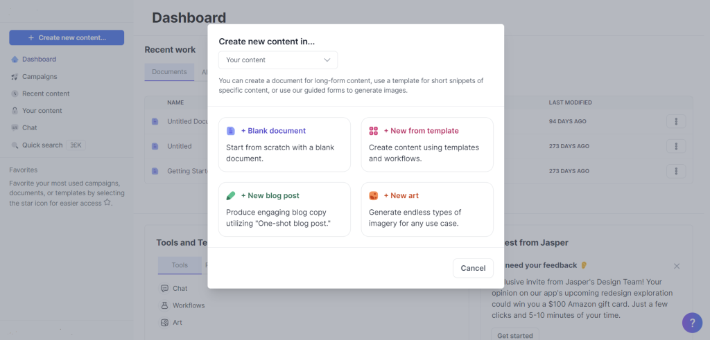 JasperAI dashboard for content creation