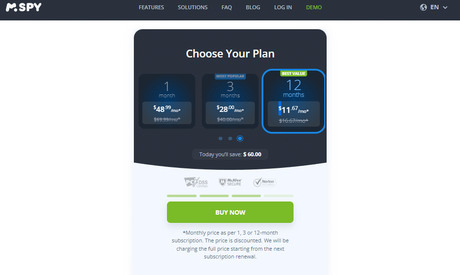 mSpy Pricing Plan