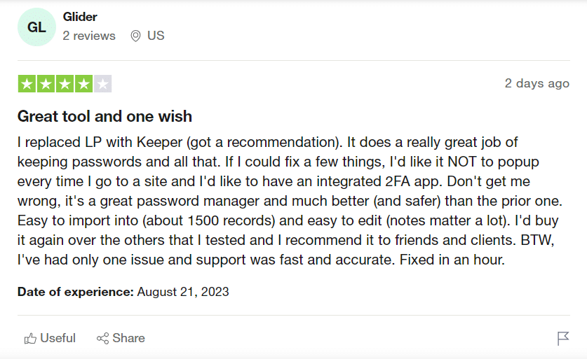 Keeper Trustpilot review