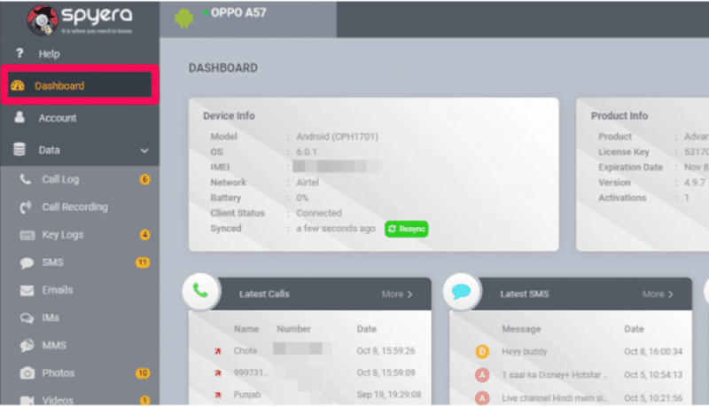 Spyera's dashboard