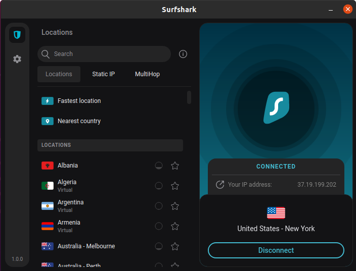 Surfshark's interface