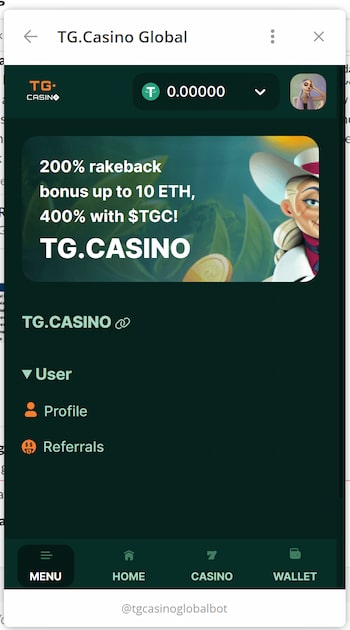 TG.Casino sign-up page