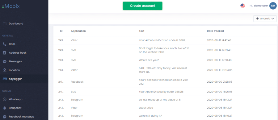 uMobix the best Android keylogger apps interface
