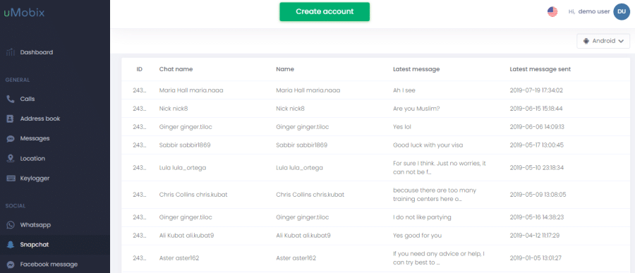 uMobix, one of the best Snapchat spy apps interface