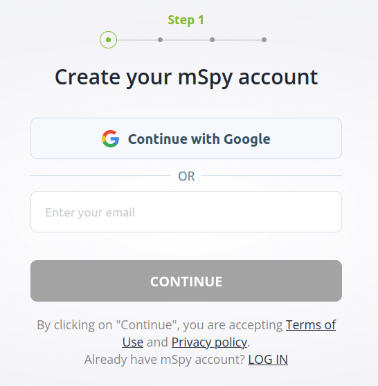 mSpy’s sign-up & log-in provision