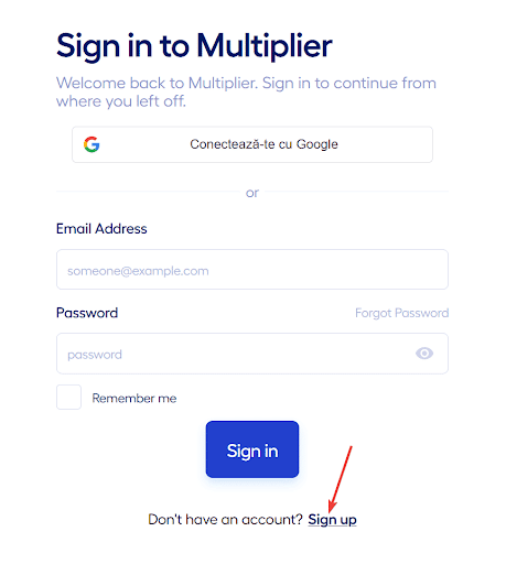 The ‘Sign up’ button highlighted on the Multiplier login page