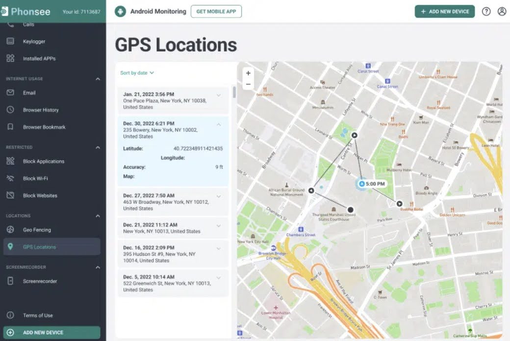 Phonsee’s GPS location timestamps