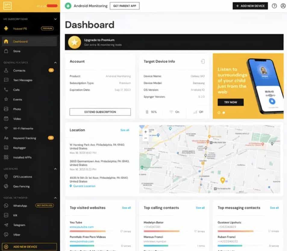 Spynger’s dashboard with target device’s call and GPS history