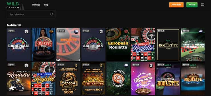 Roulette Game Selection at Wild Casino